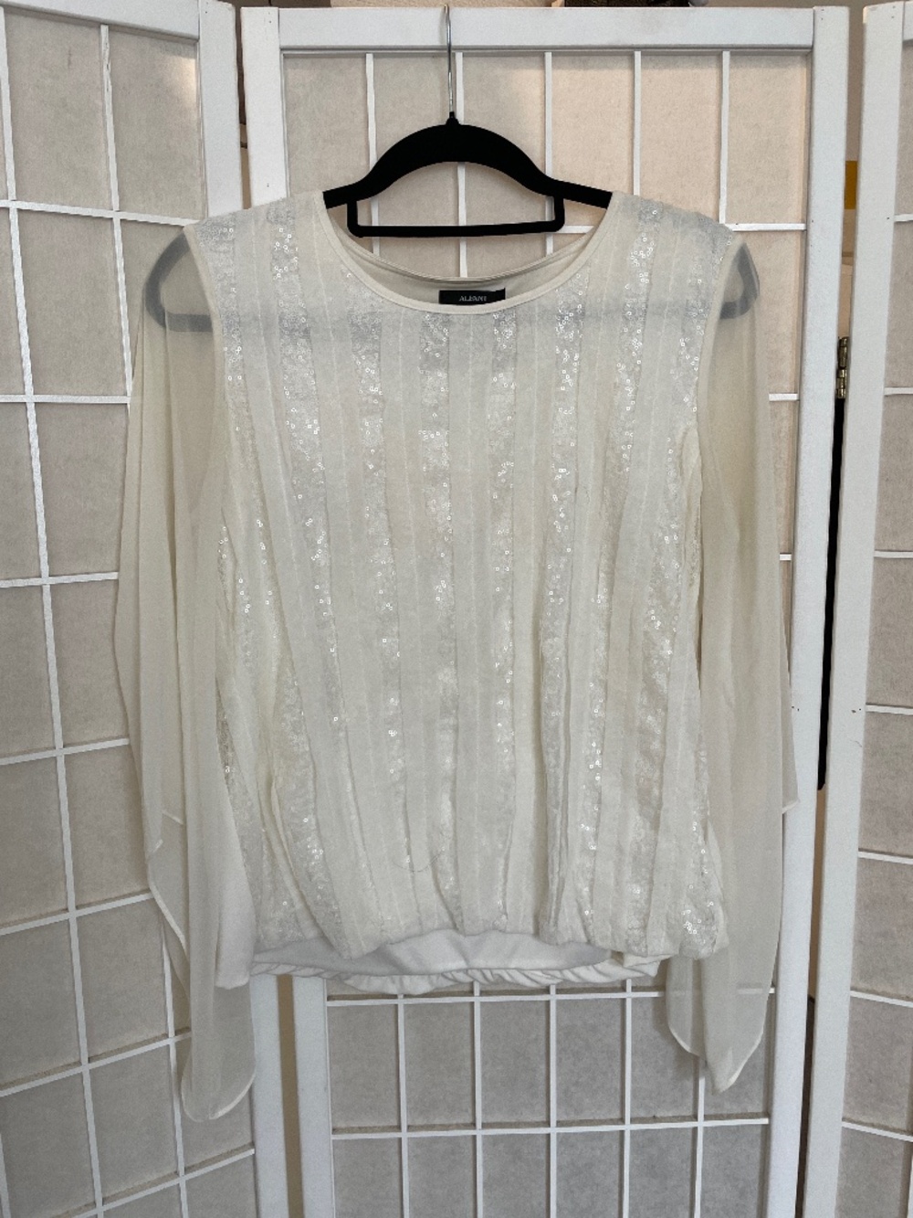 Sequin lace sheer sleeves off white blouse Small